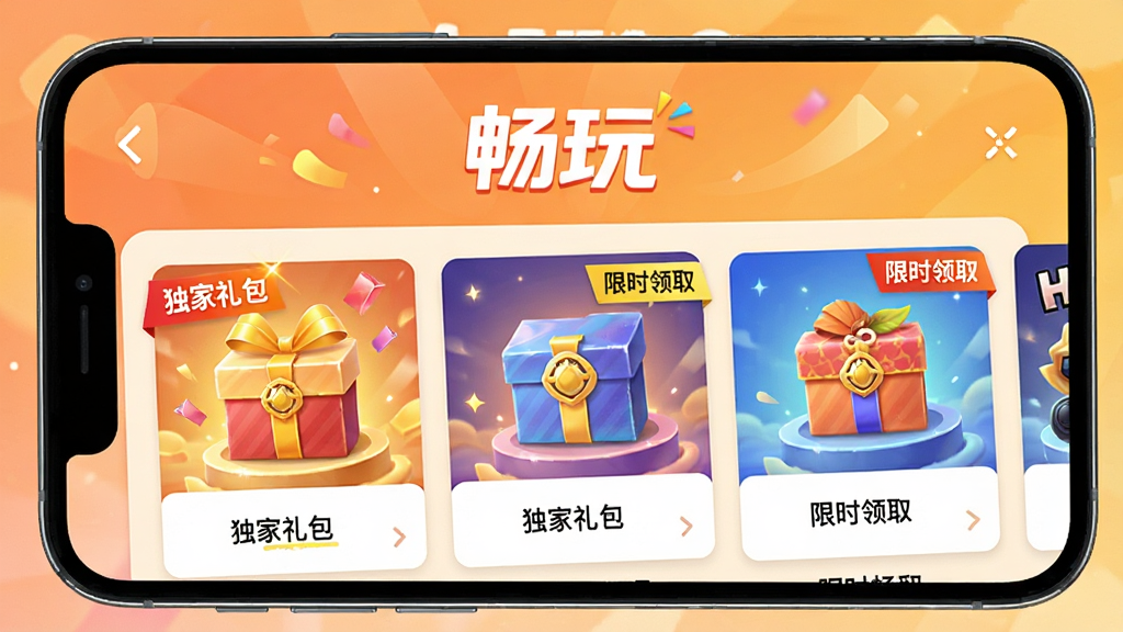 手机屏幕显示“畅玩”游戏礼包中心页面,页面顶部有“畅玩”LOGO,下方排列着各类游戏礼包卡片,卡片上带有“独家礼包”、“限时领取”标签,背景为暖色渐变,整体风格活泼明亮,突出福利感,高清渲染,画质干净,无多余元素