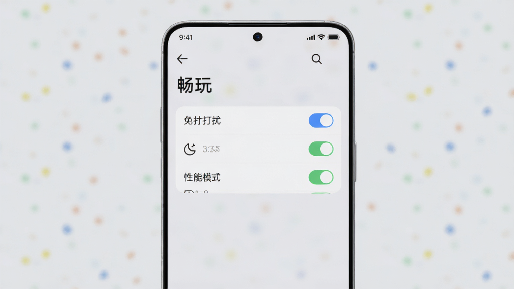 手机屏幕展示“畅玩”设置页面,页面中有“免打扰”、“性能模式”等开关选项,背景为淡灰色,整体风格简洁清爽,突出功能设置项,高清渲染,画质干净,无多余元素
