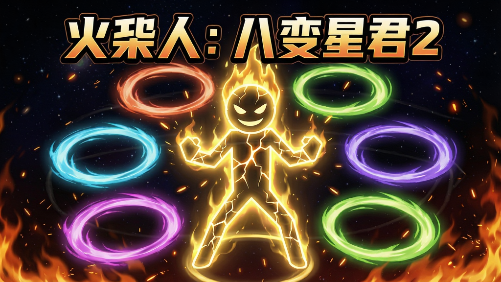 主体:火柴人八变星君2游戏主视觉图,中心是一个炫酷的火柴人战士,全身散发金色光芒,形态半透明化,周围环绕八种不同颜色的能量光环。布局:主体居中,背景为暗色星空与火焰交织,八道光环呈圆形扩散,视觉冲击力强。排版:采用游戏宣传海报式构图,主体占画面60%,标题“火柴人:八变星君2”以艺术字形式置于顶部。风格:动感、炫酷、漫画风,线条硬朗。细节:火柴人身体有裂纹发光纹理,光影对比强烈,火花粒子飘散。画质:4K高清,干净,无多余元素。