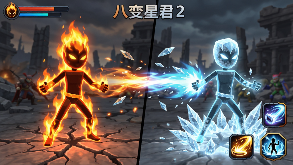 主体:火柴人八变星君2游戏截图,展示角色切换形态瞬间,左边是火焰形态全身燃烧,右边是寒冰形态周身冰晶。布局:左右分屏对比,中间有能量流动特效,背景为战场废墟。排版:截图式构图,角色居中,技能图标在右下角。风格:游戏实机画面风格,色彩鲜艳。细节:火焰粒子与冰霜碎片交织,地面有裂纹,UI界面清晰。画质:高清,干净,无多余元素。