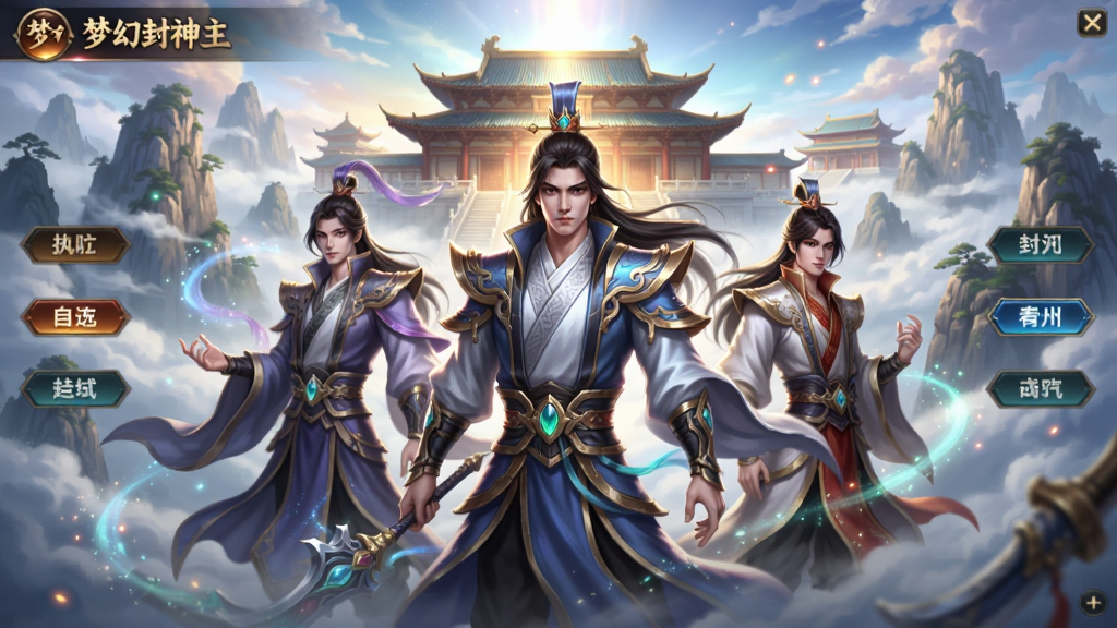 主体:梦幻封神游戏主界面,展示仙侠场景与角色立绘;布局:前景为游戏角色,中景为仙山云海,背景为宏伟宫殿;排版:角色居中,界面按钮分布于两侧;风格:东方玄幻,色彩绚丽,光影层次丰富;细节:云雾缭绕,粒子特效,角色服饰飘逸;画质:高清,干净,无多余元素。