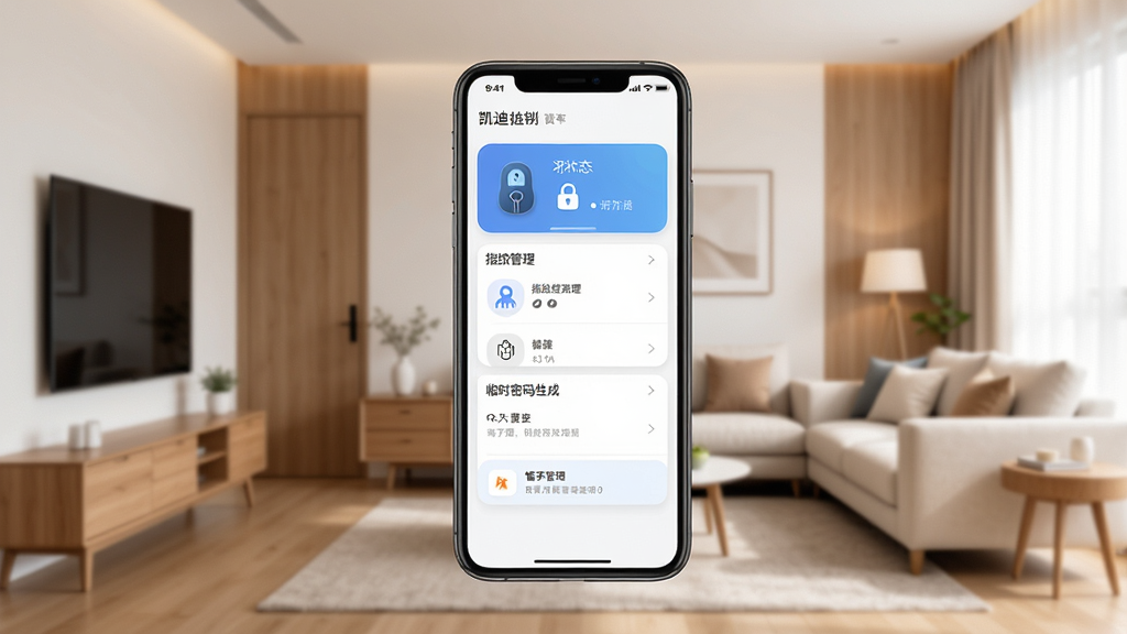 凯迪仕管家智能门锁管理软件主界面展示,手机屏幕中显示门锁状态卡片、指纹管理列表、临时密码生成界面,背景为温馨的现代家居客厅,整体色调以白色和木色为主,UI界面清晰干净,图标圆润,文字标签清晰可读,画质高清,干净无多余元素