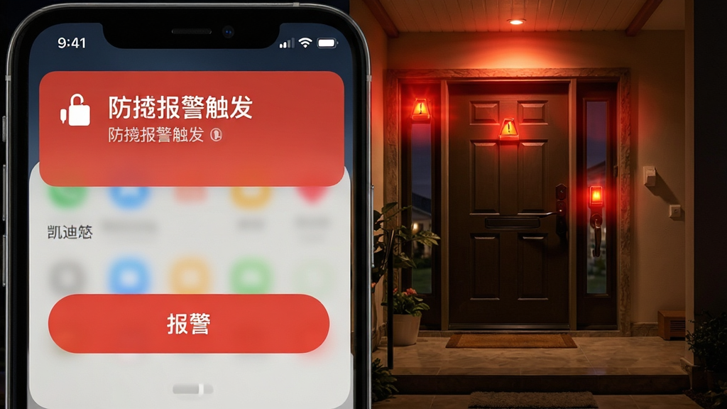 凯迪仕管家异常报警推送界面,手机通知栏显示红色报警卡片,内容为“防撬报警触发”,背景为夜晚家庭入户门场景,画面有警示灯光效果,UI布局突出报警按钮,画质高清,细节丰富,干净无多余元素