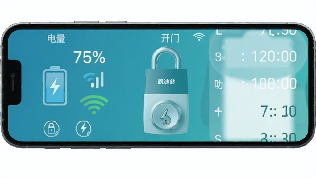 凯迪仕管家门锁状态总览界面,手机界面中显示电量百分比、WiFi信号图标、开门时间列表,门锁型号图片,界面风格扁平化设计,蓝绿色调,电池图标带闪电符号,排版整齐,画质清晰,干净无多余元素