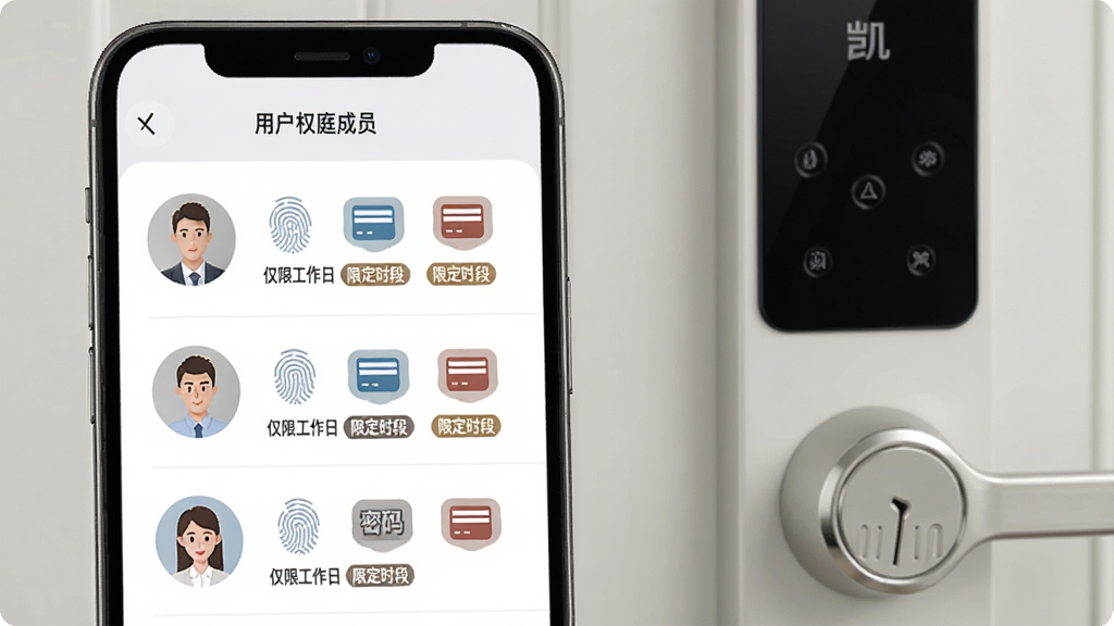 凯迪仕管家用户权限管理界面,手机界面显示家庭成员列表,每个成员头像旁有指纹、密码、卡片图标,并标注“仅限工作日”、“限定时段”标签,背景为现代简约门锁面板,整体色调淡雅,画质干净,无多余元素