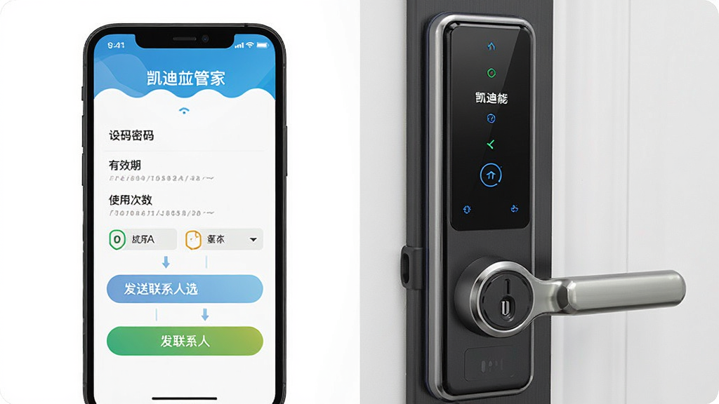 凯迪仕管家远程生成临时密码功能页面,手机界面显示设置密码有效期、使用次数限制、发送联系人选项,背景为智能门锁实拍图,色彩明亮,按钮突出,操作指引清晰,画质高清,干净无多余元素