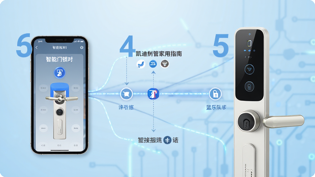凯迪仕管家使用指南操作步骤示意图,手机连接智能门锁的蓝牙配对界面,画面包含手机和门锁的交互连线,背景为浅蓝色科技感背景,步骤序号清晰标注,画质干净,无多余元素