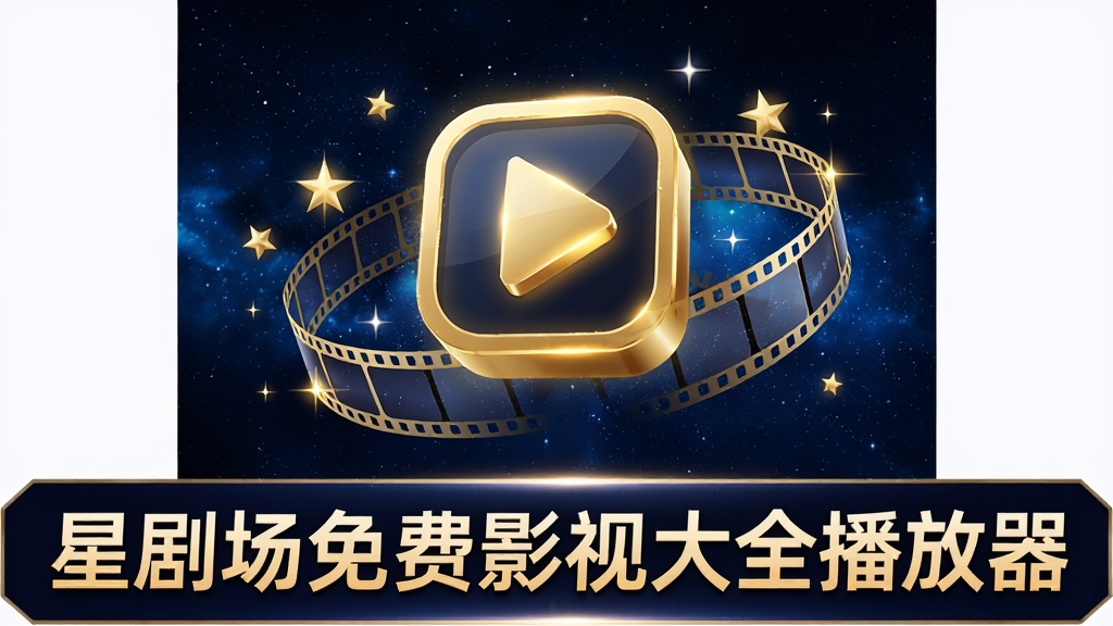 一张以深蓝色星空为背景,中央悬浮着一个发着金色光芒的立体播放器图标,图标周围环绕着电影胶片和闪烁的星星,下方是“星剧场免费影视大全播放器”字样的宽幅宣传海报,整体风格炫酷科技感,画质高清干净,无多余元素