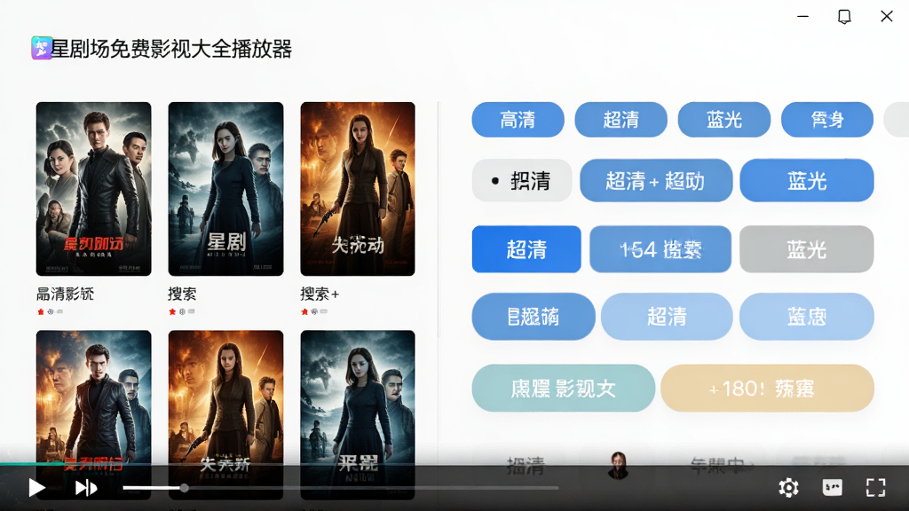 电影播放器界面截图,主体为“星剧场免费影视大全播放器”的搜索结果页,布局为左侧是影片海报列表,右侧是多个清晰度标签按钮,排版整洁,风格为现代简约的UI设计,细节包含高清、超清、蓝光等字样,画质干净明亮,无多余元素
