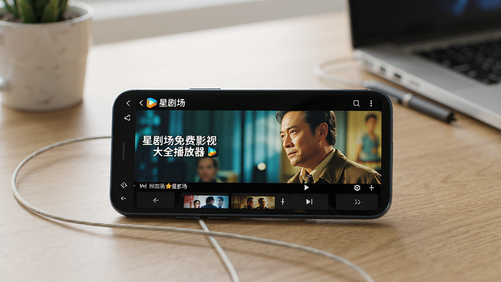 一部手机正在播放电影,屏幕上显示“星剧场免费影视大全播放器”的播放界面,画面清晰,色彩鲜艳,手机放置在桌面上,周围环境整洁,风格写实,画质细腻,无多余元素