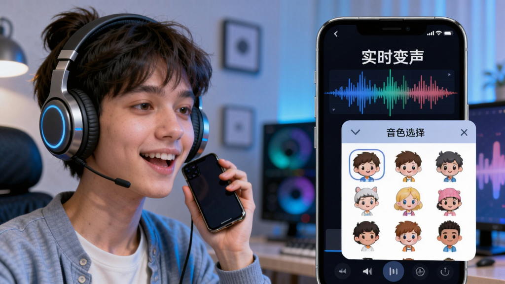 声线软件实时变声功能预览图,画面左侧为佩戴耳机的年轻用户正在对着手机说话,右侧手机屏幕内显示波形图与“实时变声”字样,音色选择面板弹出,包含多种卡通头像,整体风格活泼,科技感强,画质清晰,无多余元素。