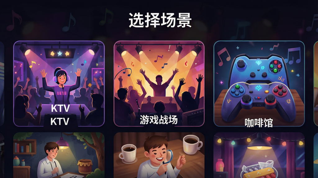 声线软件场景音效选择界面预览,屏幕上方显示“选择场景”字样,下方以卡片形式展示“KTV”、“演唱会”、“游戏战场”、“咖啡馆”等场景,每张卡片配有对应的插画背景,整体设计富有创意,色彩丰富,画质细腻。