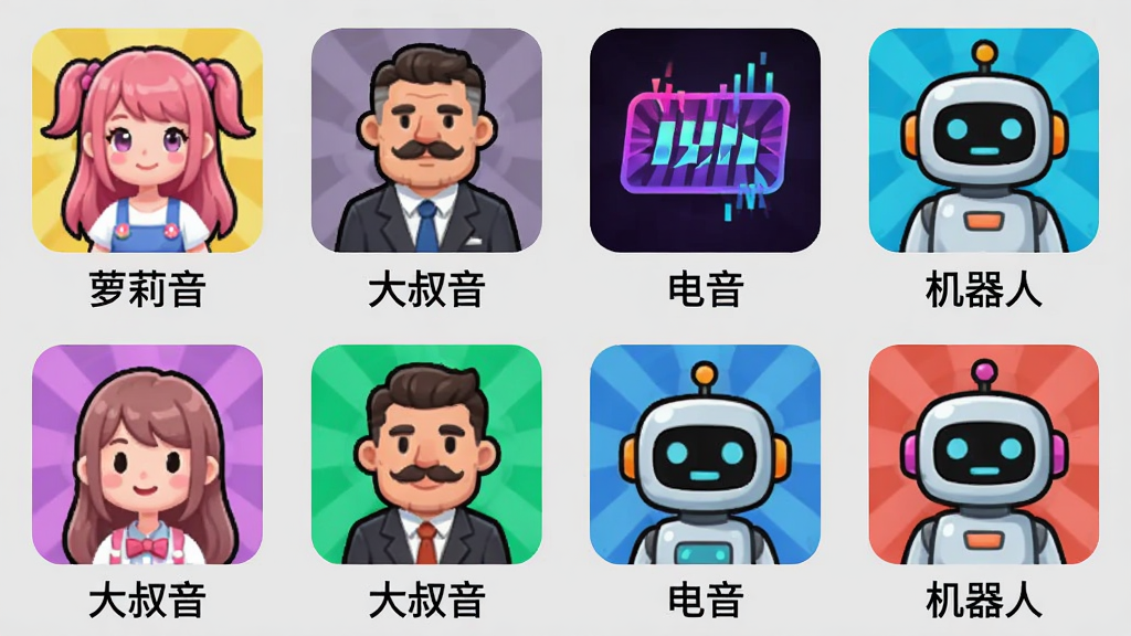 声线软件音色库列表截图,采用网格布局,每个格子内展示一个音色形象图标,下方标注中文名称如“萝莉音”、“大叔音”、“电音”、“机器人”,背景为浅灰色,图标色彩鲜艳,界面简洁清爽,画质高清。