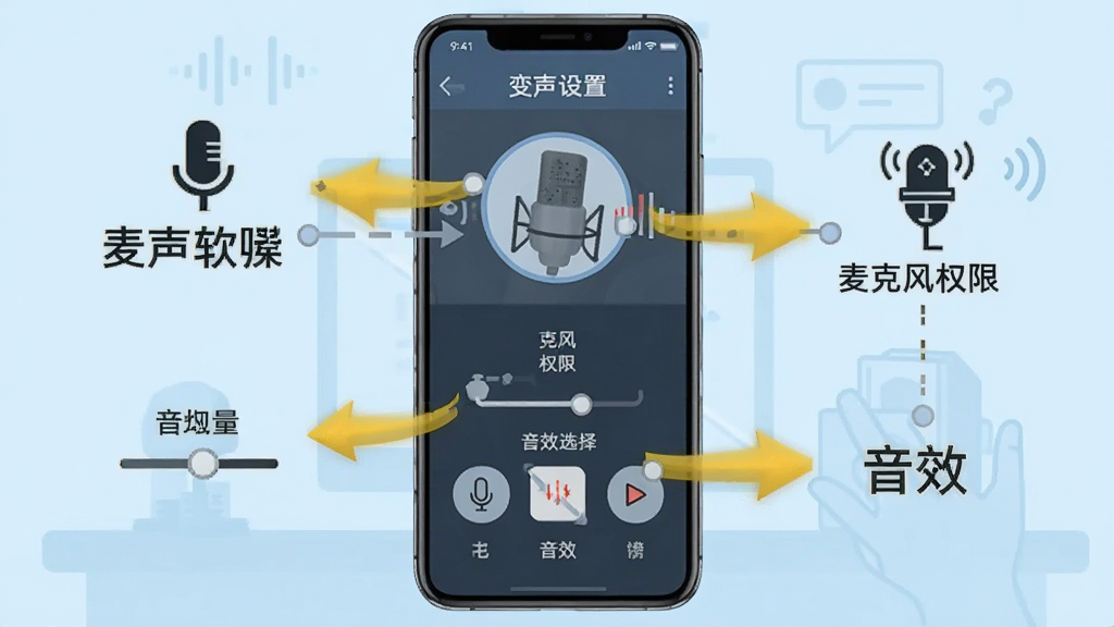 声线软件使用教程配图,画面中央是一台智能手机,屏幕显示变声设置界面,周围用箭头标注出麦克风权限、音量调节、音效选择等关键操作点,背景为浅蓝色的教学风格插图,文字清晰,画质干净。