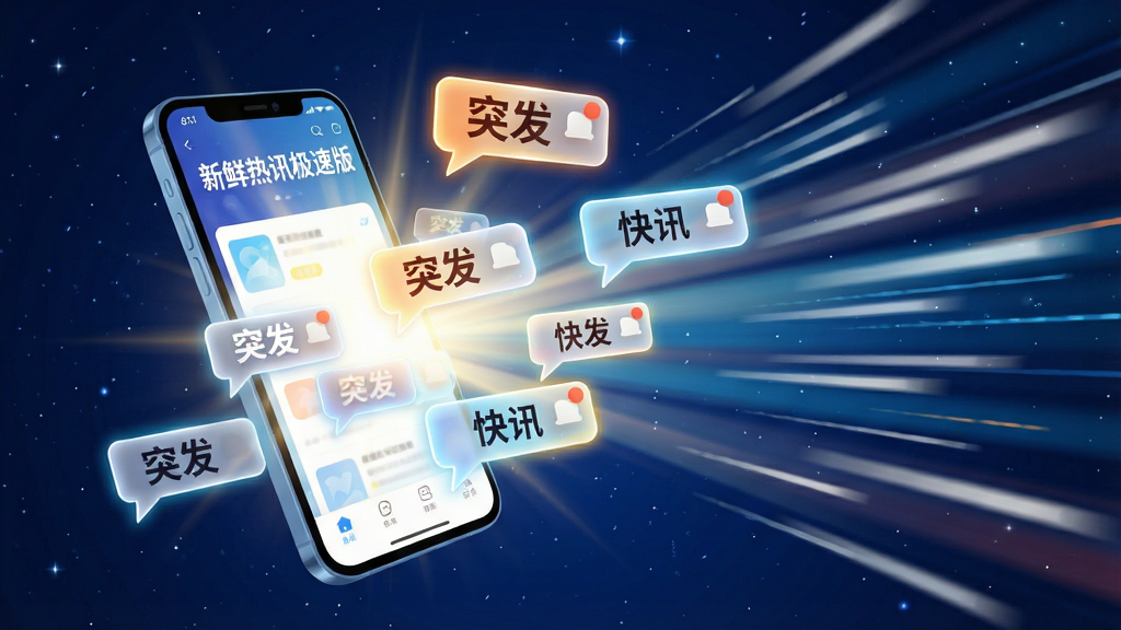 主体:一部手机悬浮在空中,屏幕发出耀眼的光芒,光芒中飞出多个新闻通知气泡,气泡内显示“突发”、“快讯”字样;布局:手机位于画面左侧,右侧为放射状的光束和信息流线条,背景为深蓝色星空;排版:手机屏幕显示“新鲜热讯极速版”主界面,通知气泡错落有致地排列;风格:充满速度感与科技感的插画风格,色彩对比强烈,突出“极速”主题;细节:气泡边缘有发光效果,信息流线条带有动态模糊痕迹;画质:高清晰度,画面干净无杂物。