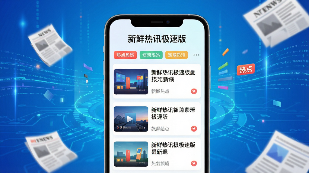 主体:一部亮着屏幕的智能手机,屏幕中展示“新鲜热讯极速版”新闻列表界面,包含图文卡片和热点标签;布局:手机位于画面中央,背景为渐蓝色科技感光效,四周有流动的数据线条和新闻纸张元素;排版:手机屏幕内容清晰可辨,上方显示“新鲜热讯极速版”字样,下方排列三行新闻标题缩略图;风格:现代扁平化结合轻微3D质感,色彩明亮活泼,突出新闻的时效性与科技感;细节:屏幕中新闻标题字体清晰,配图精致,界面元素干净整洁;画质:高清渲染,整体明亮通透,无多余元素。