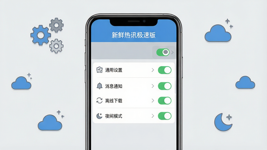主体:一部手机展示“新鲜热讯极速版”的设置界面,屏幕上显示“通用设置”、“消息通知”、“离线下载”等选项,旁边有“夜间模式”开关;布局:手机位于画面中央,背景为浅灰色,周围散布着齿轮、云朵、月亮等小图标;排版:设置列表清晰,每个选项右侧有开关或箭头;风格:简洁的扁平化设计风格,色彩以蓝色和灰色为主;细节:开关按钮为绿色,图标线条细腻;画质:高清,干净无多余元素。