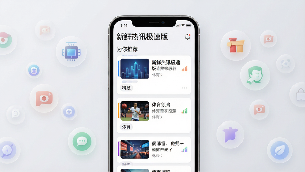 主体:手机屏幕展示“新鲜热讯极速版”的个性化推荐界面,上方有“为你推荐”栏目,下方是多个新闻卡片,卡片上分别标注“科技”、“体育”、“财经”等分类图标;布局:手机居中,背景为淡雅灰色,周围漂浮着多个半透明的圆形图标,代表不同兴趣领域;排版:界面布局规整,新闻卡片以瀑布流形式排列,色彩柔和;风格:清新简约的UI设计风格,突出智能推荐的概念;细节:每个卡片上都有缩略图和标题,分类图标清晰可辨;画质:精细渲染,画面干净整洁。
