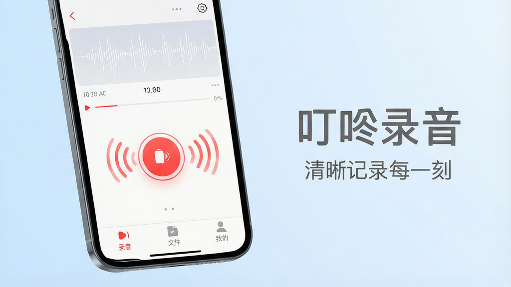 主体:一部智能手机屏幕显示叮咚录音应用界面,界面简洁清爽,中央有醒目的红色录音按钮,周围环绕声波动态波纹。布局:手机位于画面中心偏左,右侧留白处用柔和的灰色字体写着“叮咚录音”四个字,下方一行小字“清晰记录每一刻”。排版:整体采用居中构图,背景为浅蓝色渐变,营造专业科技感。风格:扁平化设计,线条流畅,色彩明快。细节:手机屏幕内可见录音波形图与时间轴,底部有“录音”“文件”“我的”三个标签栏。画质:高清渲染,干净无多余元素。