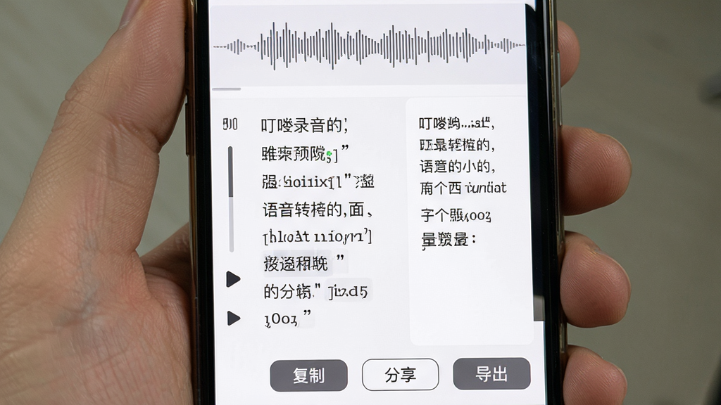 主体:手机屏幕展示叮咚录音的语音转文字功能界面,上方是音频波形,下方是滚动出现的文字段落。布局:竖屏截图形式,文字区域占据屏幕下半部分,字体清晰易读。排版:左侧为音频播放控制条,右侧为文字预览区,背景为白色,文字为深灰色。风格:简洁的UI设计,突出功能实用性。细节:文字段落中自动生成标点符号,底部有“复制”“分享”“导出”三个按钮。画质:界面渲染精致,干净无多余元素。