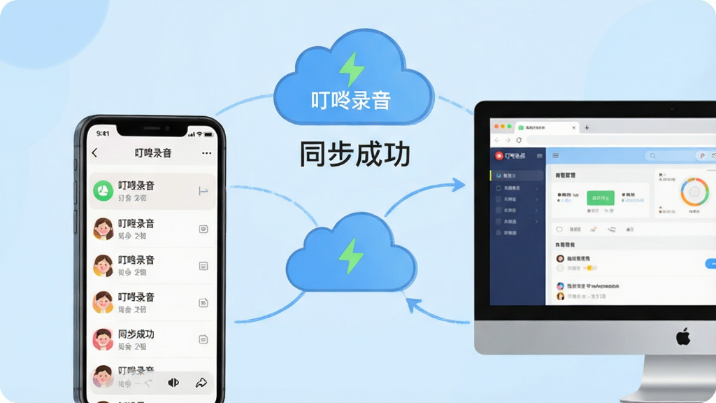 主体:一部智能手机与一台电脑并排显示,屏幕中展示叮咚录音的界面,手机端和电脑端数据同步状态标识。布局:左手机右电脑,中间用云朵图标连接,背景为浅蓝色。排版:设备居中,云端图标置于顶部,下方有“同步成功”字样。风格:插画风格,色彩简洁明快。细节:手机屏幕显示录音列表,电脑屏幕显示网页版管理界面。画质:高清渲染,干净无多余元素。