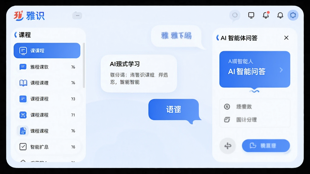 雅识软件主界面展示图,画面中央为对话式学习界面,左侧是课程列表,右侧是AI智能问答区域,整体采用蓝白配色,风格现代简洁,UI设计圆润流畅,界面干净无多余元素,画质高清,突出“雅识”品牌名称,文字清晰可辨,整体给人专业、智能、友好的视觉感受