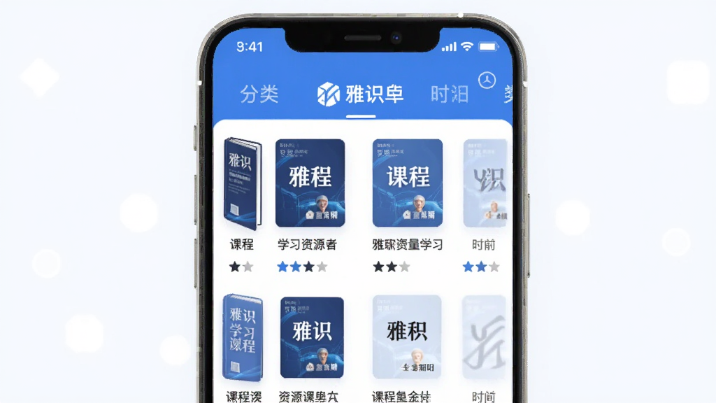 雅识海量学习资源库界面图,画面展示App内的资源列表,包含课程封面、标题、时长和评分,列表上方有分类标签栏,背景为浅白色,整体风格与App统一,以蓝色为主色调,界面整洁,画质清晰,突出“雅识”品牌,无多余元素
