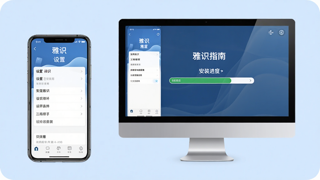 雅识使用指南操作图,画面展示手机和电脑同时显示雅识应用界面,手机端显示设置选项,电脑端显示安装进度条,背景为浅蓝色,整体风格写实,突出“雅识”品牌,画质清晰,无多余元素