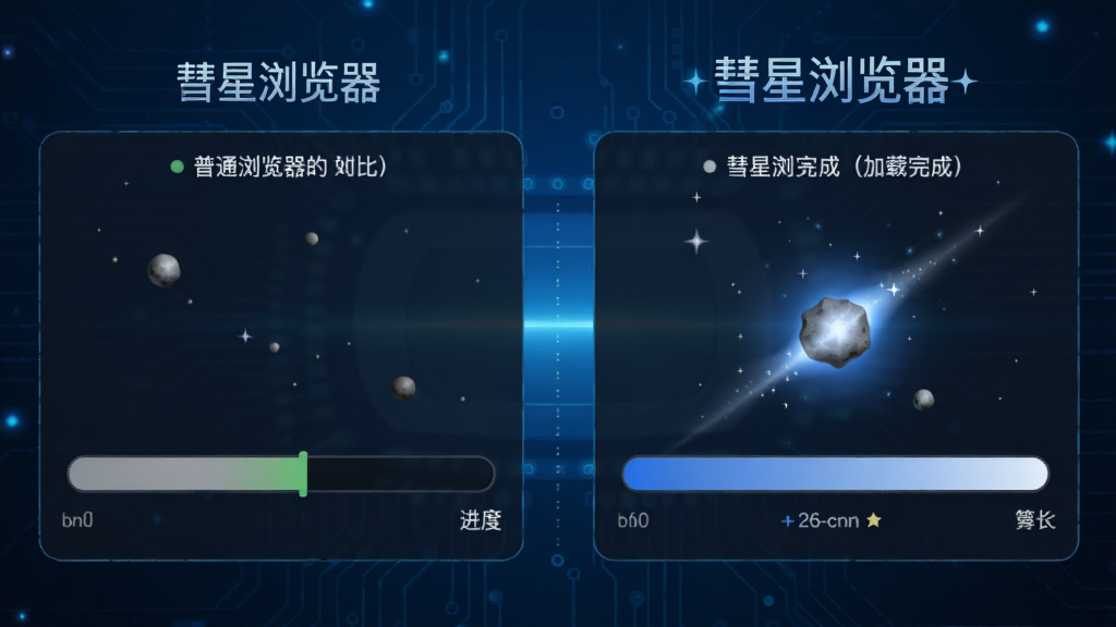 彗星浏览器速度对比图表,左侧为普通浏览器加载进度条缓慢,右侧为彗星浏览器加载瞬间完成,背景为科技感蓝色调,图表清晰,排版对比强烈,风格简洁现代,细节丰富,画质高清,无多余元素