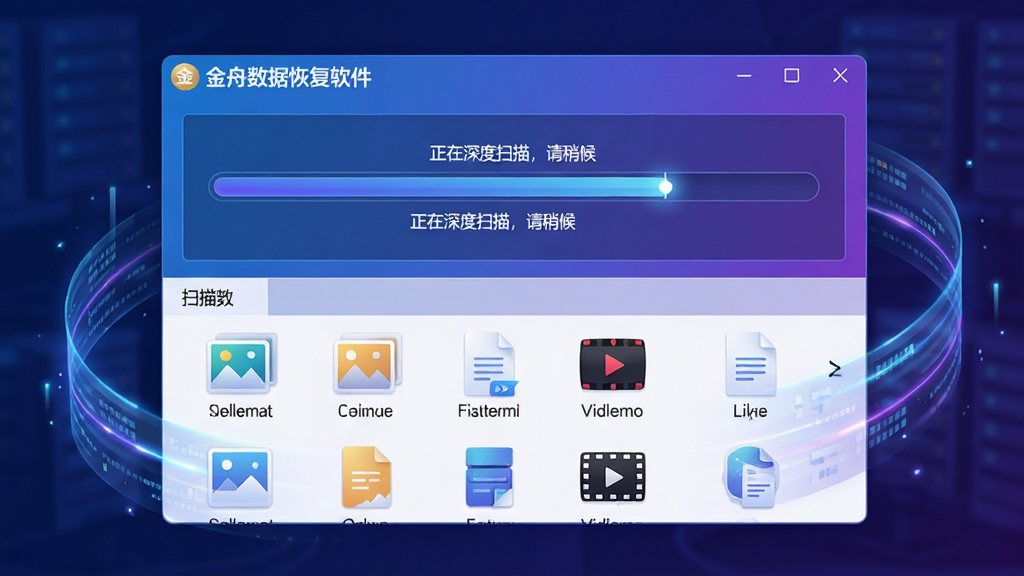 主体:金舟数据恢复软件深度扫描过程画面;布局:软件窗口内显示扫描进度条和文件列表,周围有数据流动的光效;排版:主视觉为扫描进度条占据中上方,下方列表展示已扫描到的文件缩略图;风格:科技感插画,蓝紫色渐变色调;细节:进度条上标注“正在深度扫描,请稍候”文字,文件列表中有图片、文档、视频等类型图标;画质:高分辨率,干净无多余元素。