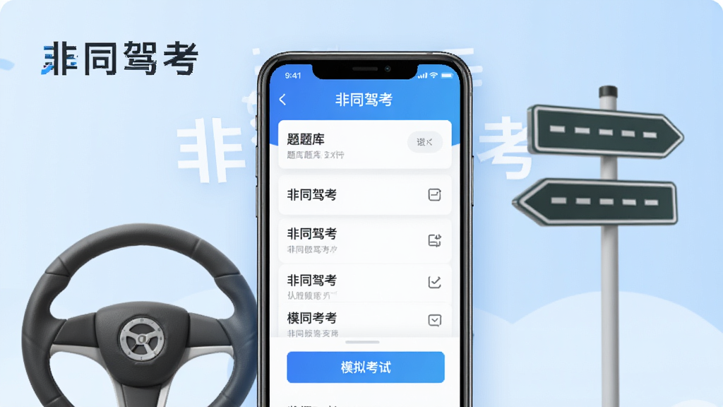 一张现代简约风格的软件宣传图,主体为手机屏幕展示“非同驾考”APP界面,界面显示题库列表和模拟考试按钮,背景为浅蓝色渐变,配有方向盘和路标元素,排版干净,文字清晰标注“非同驾考”,画质高清,无多余元素