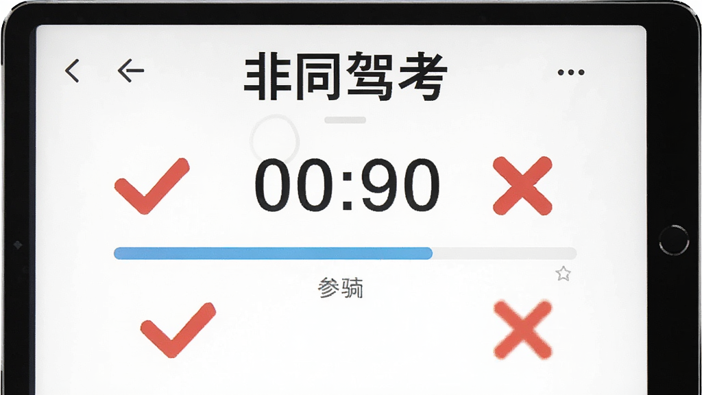 一张展示“非同驾考”模拟考试界面的截图风格图片,主体为平板电脑上的答题页面,屏幕上有倒计时和进度条,背景为纯白色,配以红色对勾和叉号图标,排版简洁,画质清晰,无多余元素