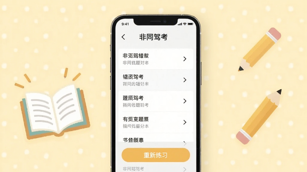 一张展示“非同驾考”错题本功能的图片,主体为手机界面,屏幕中显示错题列表和“重新练习”按钮,背景为淡黄色,配以书本和铅笔图标,排版整齐,画质柔和,无多余元素