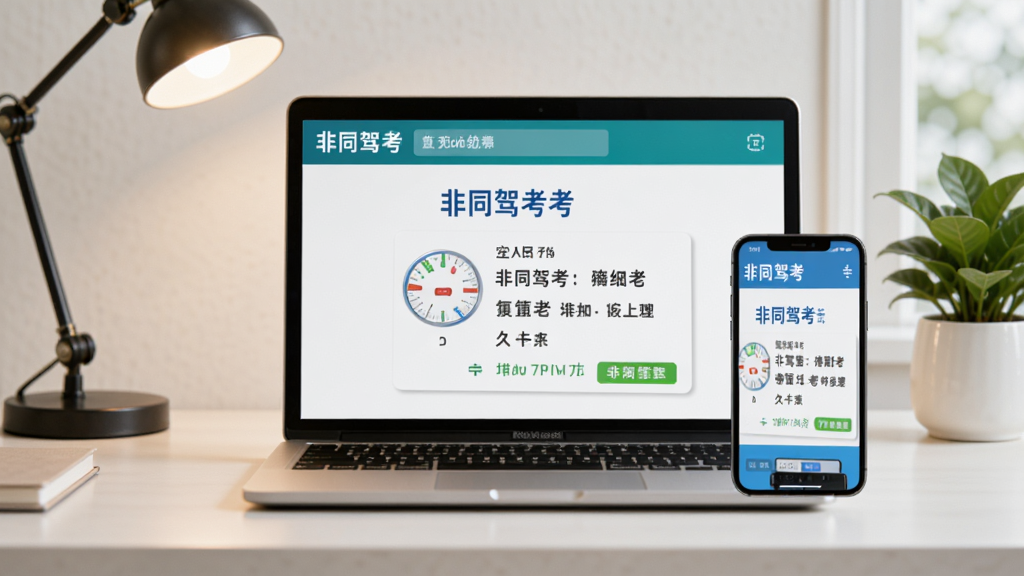 一张展示“非同驾考”多设备使用的图片,主体为笔记本电脑和手机并排摆放,屏幕中显示相同的驾考题目,背景为简约书桌,配以台灯和绿植,排版自然,画质清晰,无多余元素