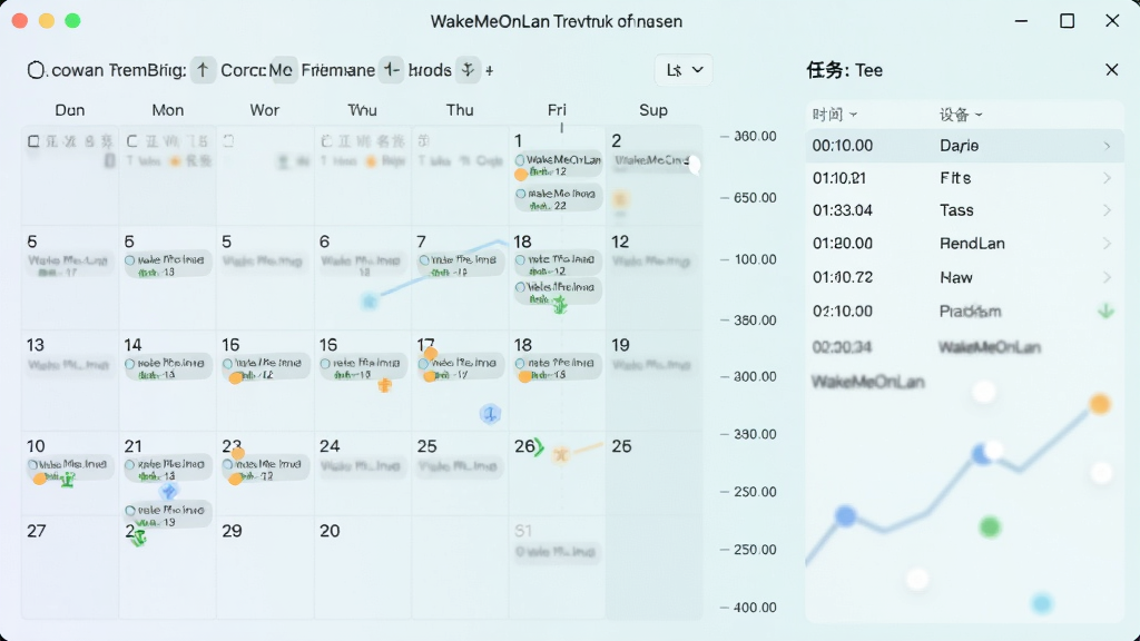 WakeMeOnLan定时任务设置界面,日历视图上标有多个提醒点,右侧有任务列表,包含时间、设备名称,界面柔和浅色背景,时间轴清晰,画质干净无多余元素