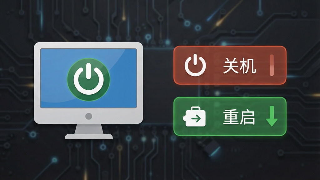 WakeMeOnLan远程关机重启功能演示,一台电脑图标上显示电源按钮,旁边有“关机”“重启”选项,背景为深灰色科技风格,按钮带有图标,画质清晰干净,无多余元素