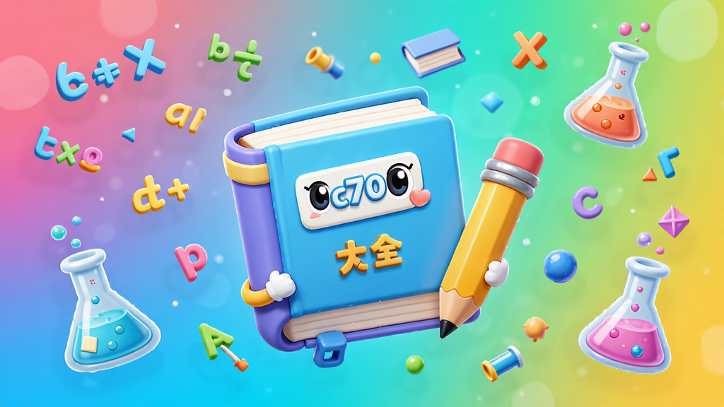 主视觉展示cc707中小学生快速学习工具大全的界面,中央是卡通风格的书本和铅笔,周围漂浮着数学公式、英文字母、化学烧瓶等元素,背景为明亮的渐变色,整体布局活泼,色彩鲜艳,风格清新,细节丰富,画质高清,干净无多余元素