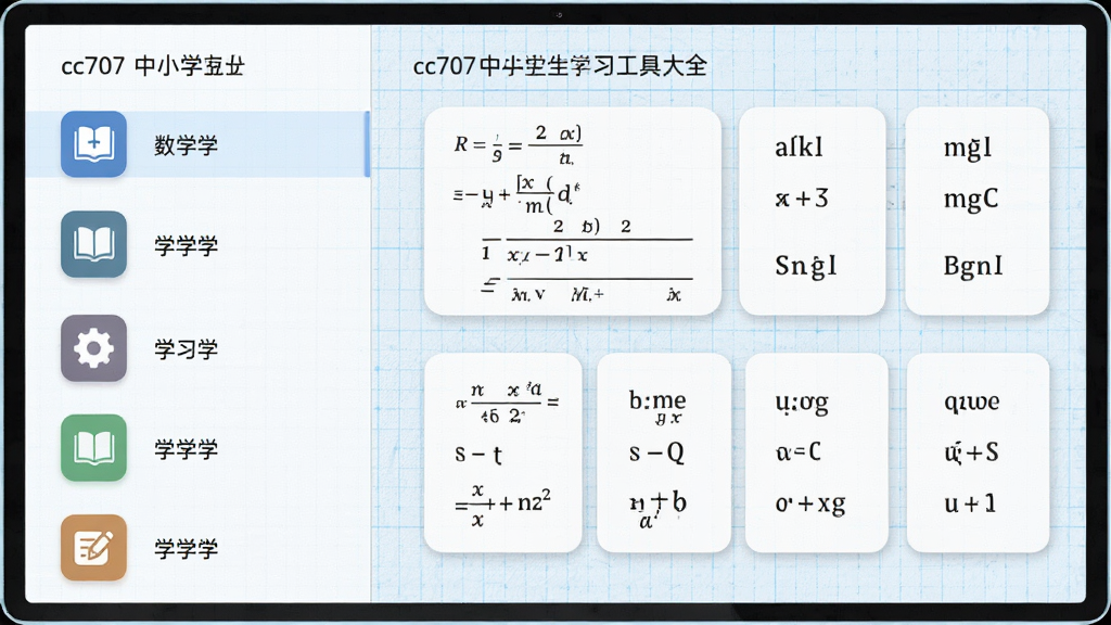 cc707中小学生快速学习工具大全全学科辅导界面,左侧为学科图标列表,右侧展示数学公式和英语单词卡片,背景是淡蓝色网格纸纹理,整体布局清晰,风格简约,细节精致,画质干净,无多余元素