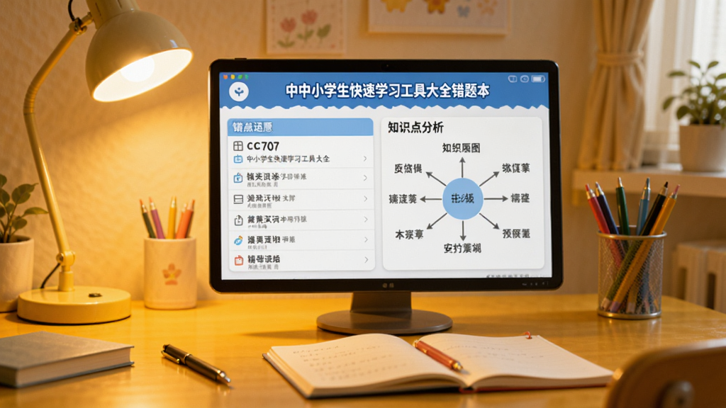 cc707中小学生快速学习工具大全错题本功能预览,屏幕上显示错题列表和知识点分析图,背景为暖黄色书桌,有台灯和文具,整体布局温馨,风格写实,细节丰富,画质清晰,无多余元素