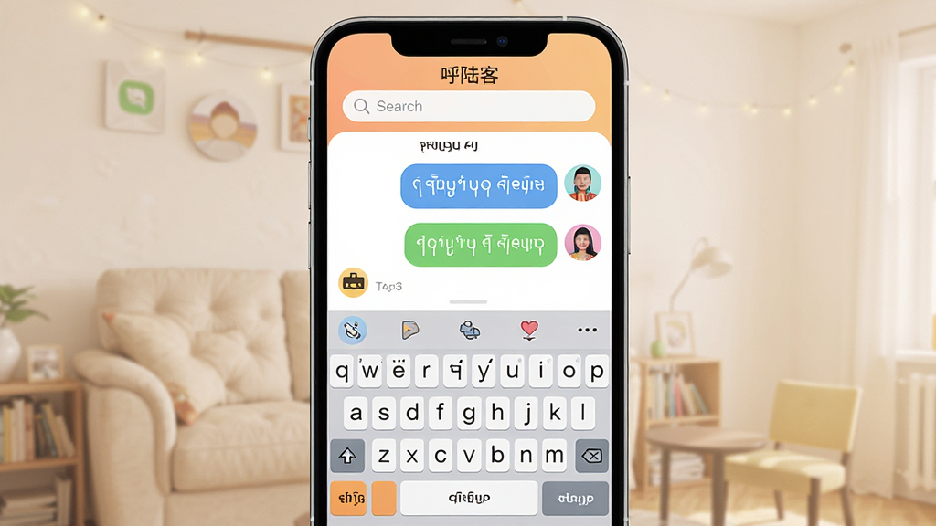 主体:呼陆客App手机界面,显示蒙文聊天窗口和功能图标。布局:手机居中,界面清晰,上方为搜索栏,下方为功能按钮。排版:现代感UI设计,蒙文文字清晰可读,色彩柔和。风格:扁平化结合轻微拟物,整体明亮温暖。细节:界面有“呼陆客”字样,蒙文键盘,消息气泡,头像。画质:4K高清,干净,无多余元素。
