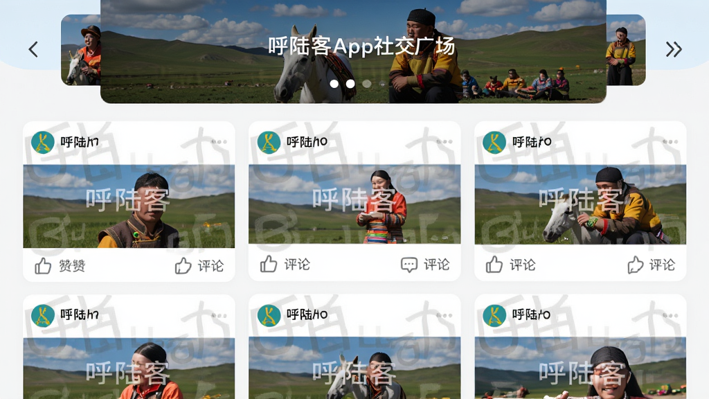 主体:呼陆客App的社交广场页面,展示蒙文动态卡片。布局:瀑布流式卡片排列,顶部有轮播图。排版:卡片式布局,图文并茂。风格:清新自然,色彩丰富。细节:卡片上有“呼陆客”水印,蒙文用户名,点赞评论图标。画质:高清,干净,无多余元素。