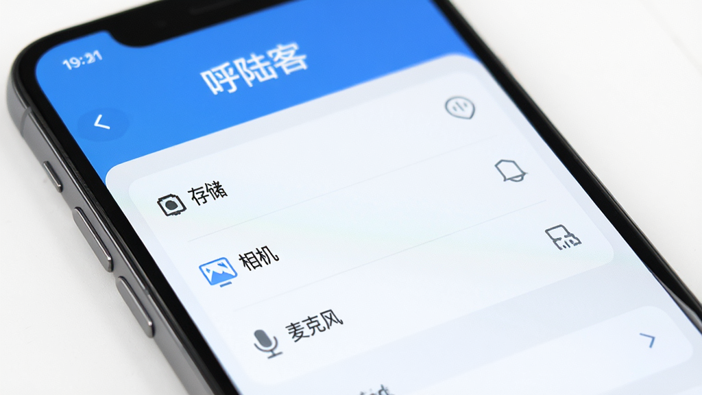 主体:呼陆客App的安装与设置界面,显示权限管理页面。布局:手机屏幕放大展示,下方为权限选项。排版:列表式布局,简洁明了。风格:系统风格,蓝白配色。细节:屏幕上有“呼陆客”字样,权限选项包括存储、相机、麦克风。画质:真实感,干净,无多余元素。