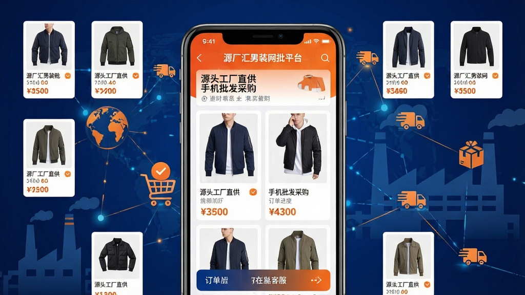 画面主体为智能手机屏幕展示“源厂汇男装网批平台”APP界面,界面中清晰显示各类男装商品图片与价格标签,背景为抽象的供应链网络与工厂剪影。布局采用手机居中、周围环绕商品缩略图与物流图标。排版简洁大气,突出“源头工厂直供”与“手机批发采购”的核心功能。风格为现代商业科技感,色彩以深蓝与橙色为主,细节包括商品详情、在线客服、订单进度等UI元素。画质高清,干净无多余元素。