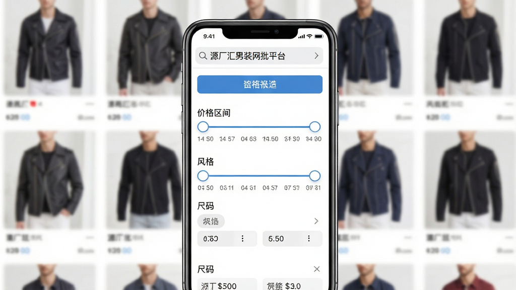 画面主体为手机搜索界面特写,显示“源厂汇男装网批平台”的筛选面板,包含“价格区间”、“风格”、“尺码”等滑块与标签选项,背景为模糊的男装商品瀑布流。布局采用手机居中、背景虚化处理,排版清晰,风格简洁现代,细节包括筛选按钮、价格刻度、商品缩略图。画质高清,无多余元素。