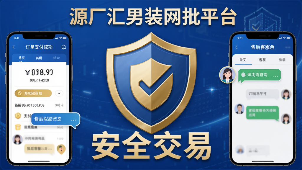 画面主体为盾牌图标与“安全交易”字样,周围环绕“源厂汇男装网批平台”的订单支付成功界面与售后客服对话气泡。布局中心对称,盾牌置于中间,两侧分布手机界面元素。风格商务安全风,主色调为蓝色与金色,细节包括支付金额、时间戳、客服头像。画质干净,无多余元素。