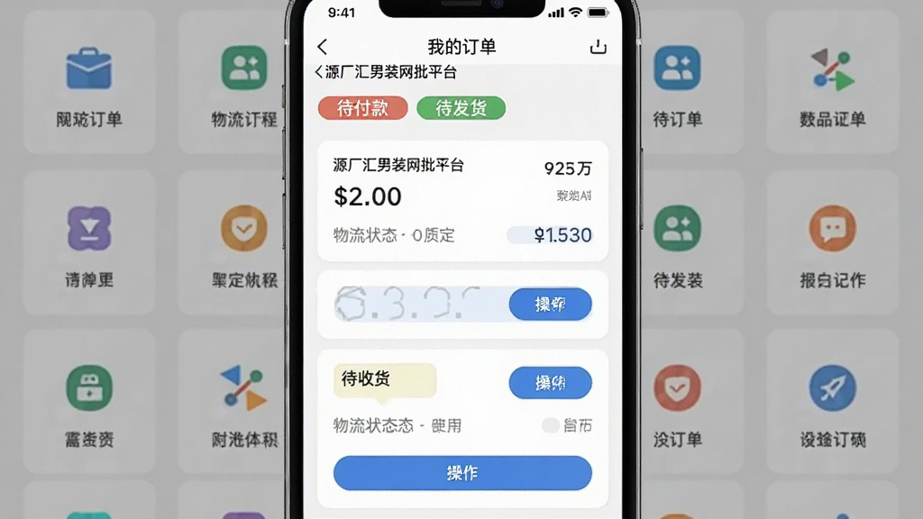 画面主体为手机应用内“我的订单”页面,显示“源厂汇男装网批平台”的订单列表,包含待付款、待发货、待收货标签,背景为功能图标网格。布局手机居中,订单卡片垂直排列,风格清爽商务,细节包括订单金额、物流状态、操作按钮。画质清晰,无多余元素。