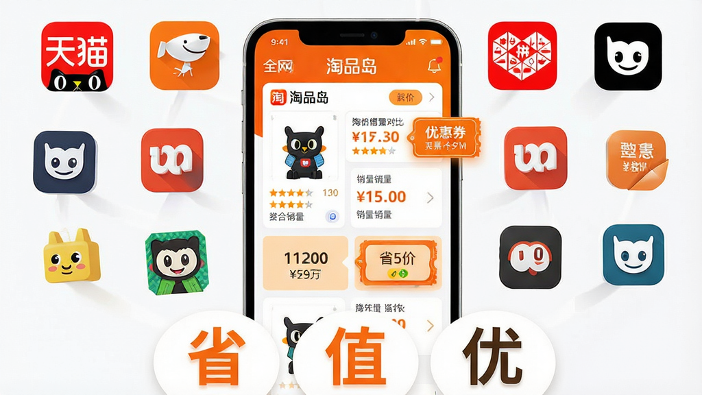 主体:一款名为“淘品岛”的购物比价手机应用界面,占据画面中心,界面清晰展示商品图片、价格对比、优惠券信息。布局:手机屏幕居中,周围环绕着代表全网电商平台的图标(如天猫、京东、拼多多等),下方有“省”、“值”、“优”字样。排版:手机界面采用简约扁平化设计,信息层级分明,价格标签突出。风格:现代科技感,色彩明亮,以橙色和白色为主色调。细节:屏幕上显示“淘品岛”Logo,商品卡片带星级评分和销量数据,优惠券标签醒目,整体干净整洁。画质:高清渲染,细节丰富,无多余元素。