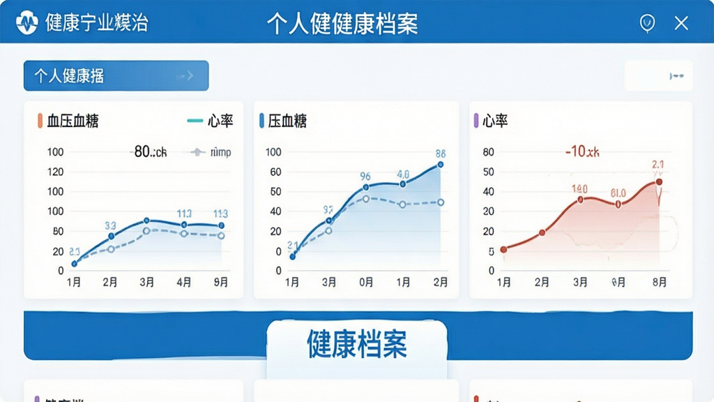 健康宁煤健康档案功能界面,展示个人健康数据图表,包括血压、血糖、心率等趋势曲线,界面采用蓝色与白色搭配,数据可视化清晰,图表下方有“健康档案”文字标识,整体风格专业医疗感,布局规整,画质干净,无多余元素