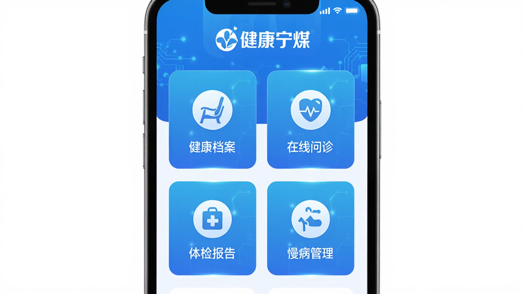 健康宁煤APP主界面展示,以蓝色渐变为主色调,界面清晰展示健康档案、在线问诊、体检报告、慢病管理四大核心功能模块图标,布局简洁大方,顶部显示“健康宁煤”品牌Logo,整体风格现代医疗感,科技感强,画质高清,无多余元素