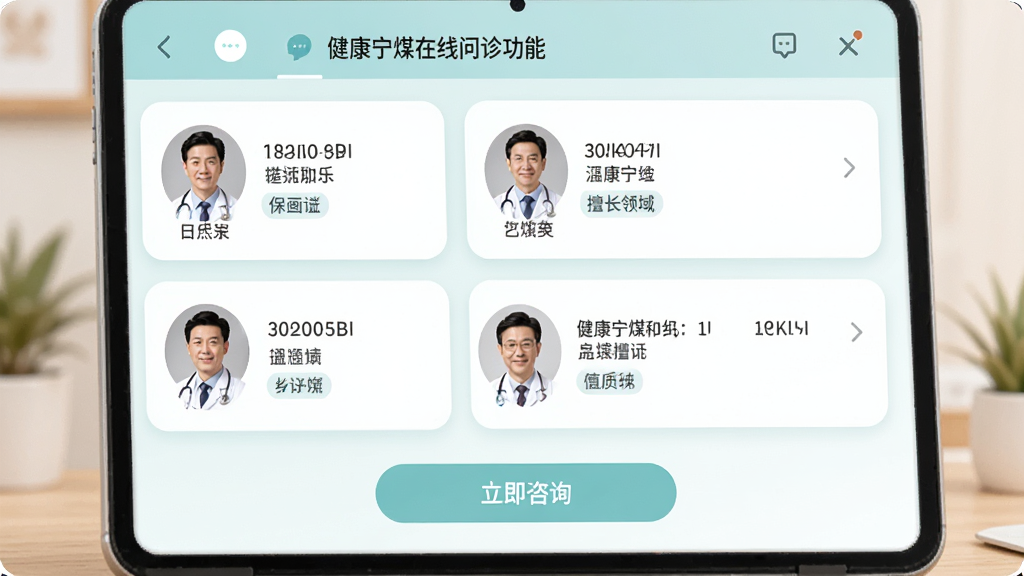 健康宁煤在线问诊功能界面,显示医生在线列表,每位医生头像、职称、擅长领域清晰可见,底部有“立即咨询”按钮,界面采用清新浅色系,圆角卡片设计,风格温馨专业,画质高清,无多余元素